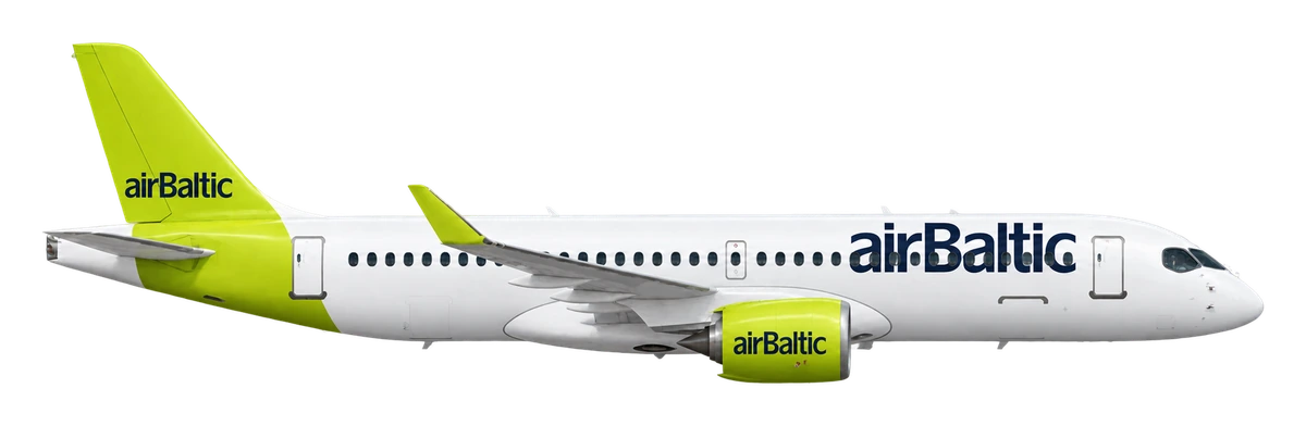 Airbus A220-300 in airBaltic livery, side profile