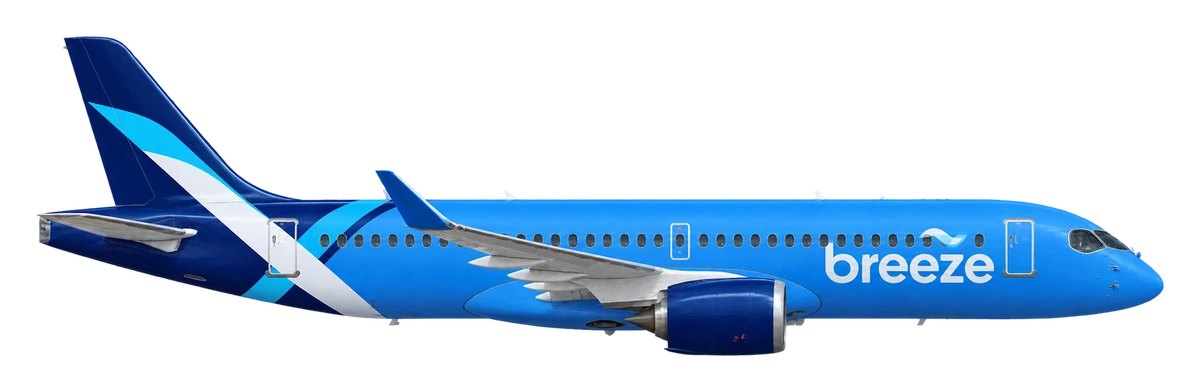 Airbus A220-300 in Breeze Airways livery, side profile