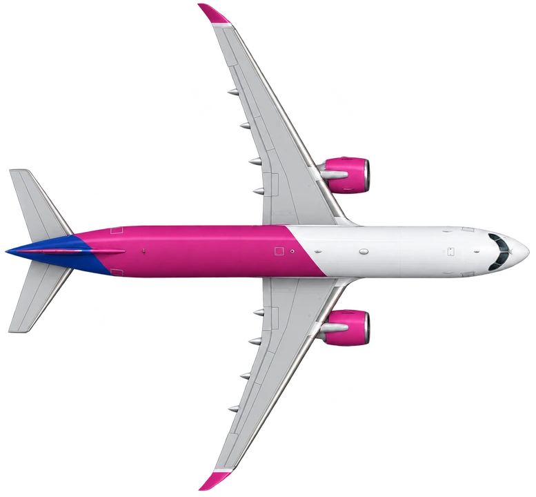 Airbus A220-300 in Wizz Air livery, top view