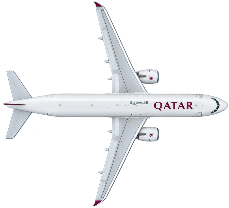 Airbus A320 in Qatar Airways livery, top view