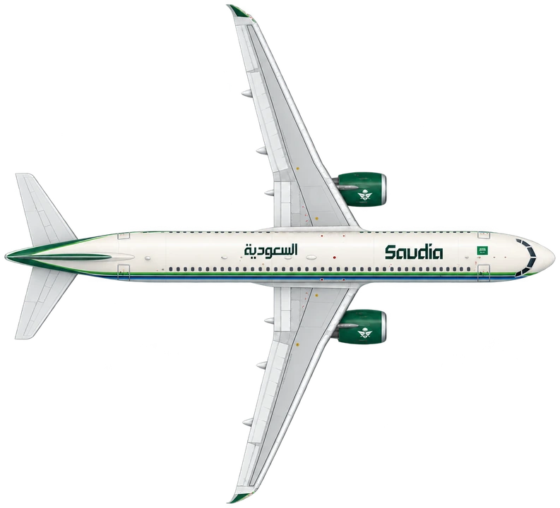 Airbus A320 in Saudia livery, top view