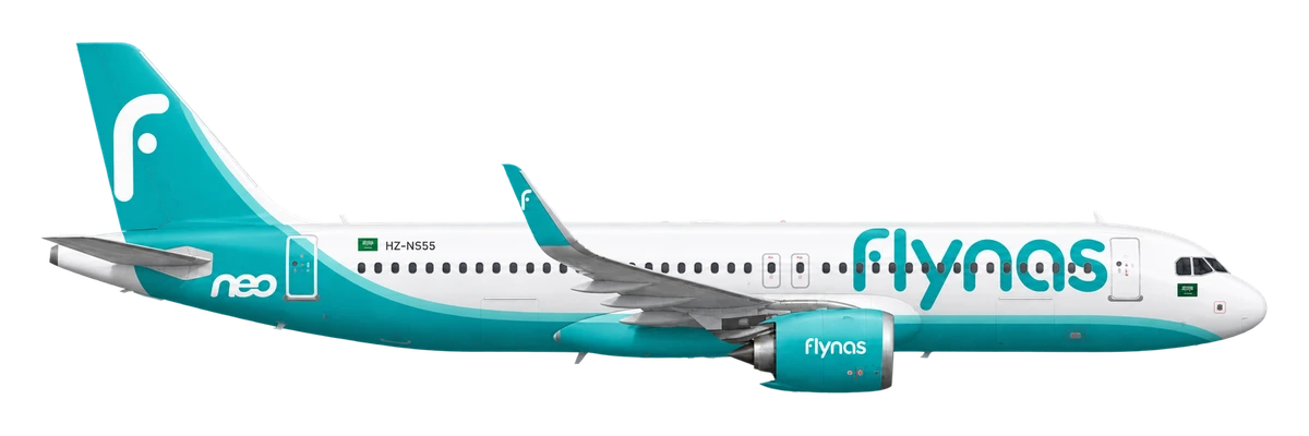 Airbus A320neo in flynas livery, side profile