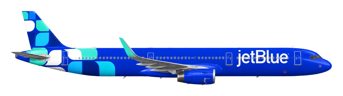 Airbus A321 in JetBlue livery, side profile