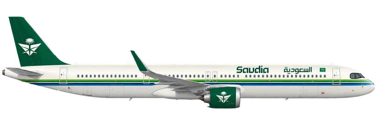 Airbus A321neo in Saudia livery, side profile
