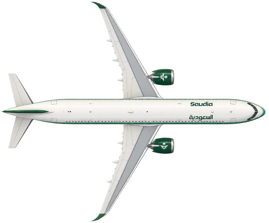 Airbus A321neo in Saudia livery, top view