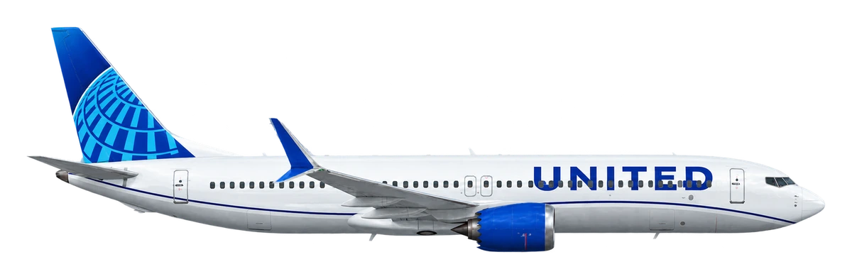 Boeing 737 MAX 9 in United Airlines livery, side profile