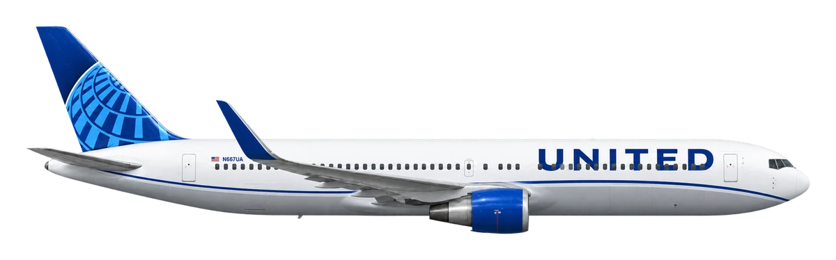 Boeing 767-300ER in United Airlines livery, side profile