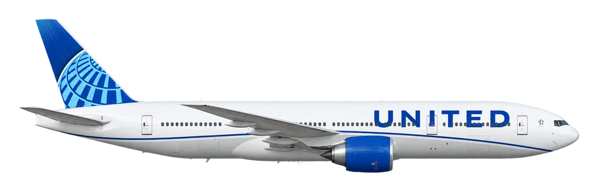 Boeing 777-200 in United Airlines livery, side profile