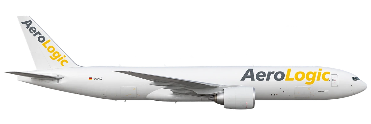 Boeing 777-200LR in AeroLogic livery, side profile