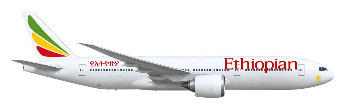 Boeing 777-200LR in Ethiopian Airlines livery, side profile