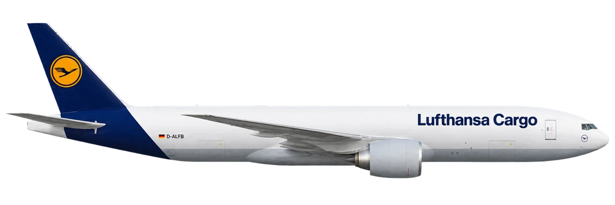 Boeing 777-200LR in Lufthansa Cargo livery, side profile