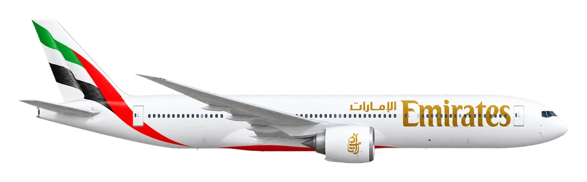 Boeing 777-200LR in Emirates livery, side profile