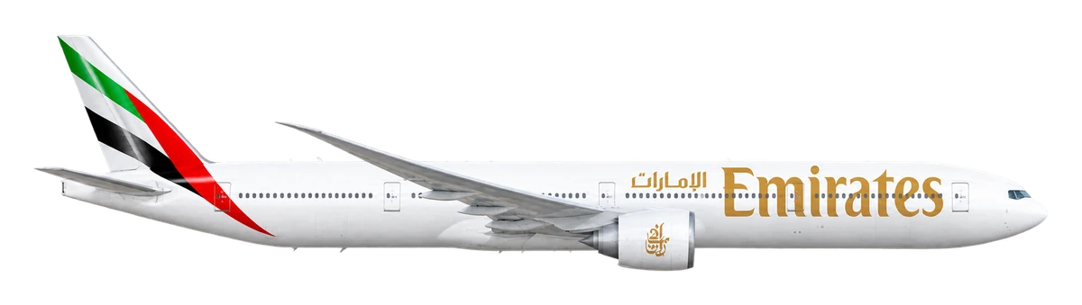 Boeing 777-300ER in Emirates livery, side profile
