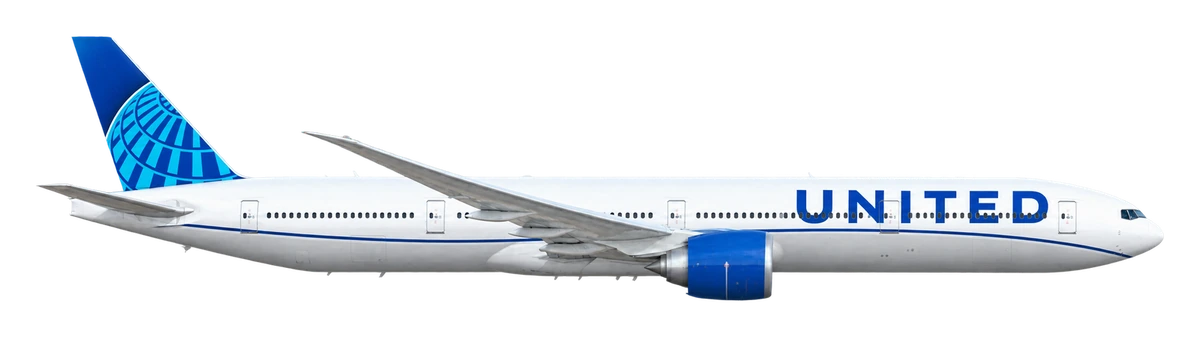 Boeing 777-300ER in United Airlines livery, side profile