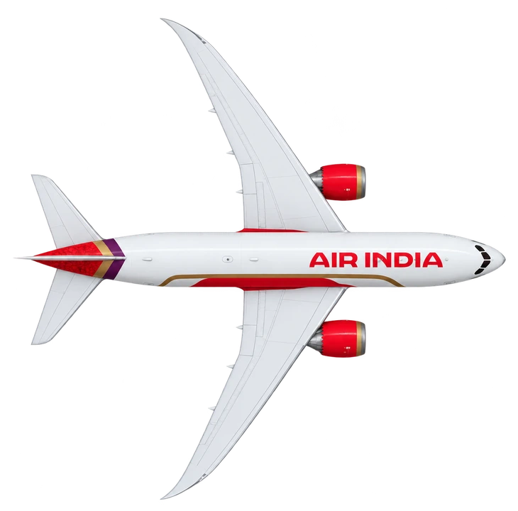Boeing 787-8 Dreamliner in Air India livery, top view
