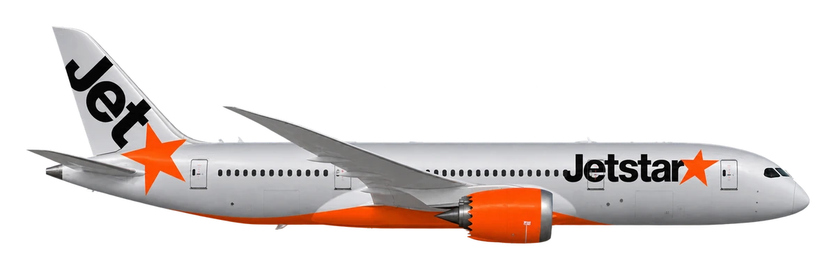 Boeing 787-8 Dreamliner in Jetstar livery, side profile