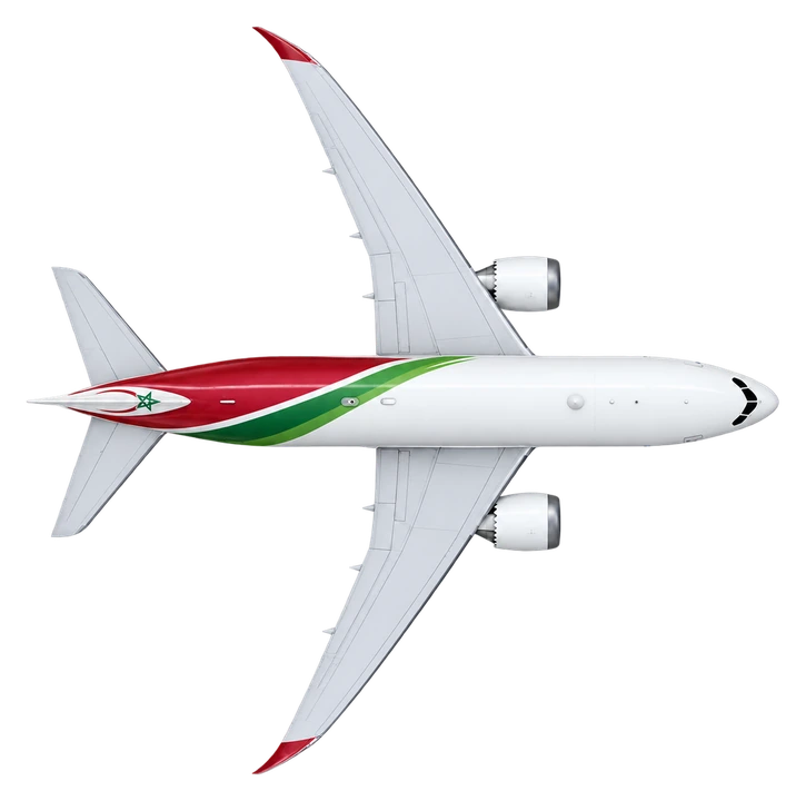 Boeing 787-8 Dreamliner in Royal Air Maroc livery, top view