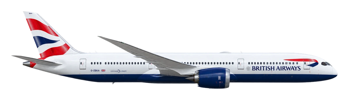 Boeing 787-9 Dreamliner in British Airways livery, side profile