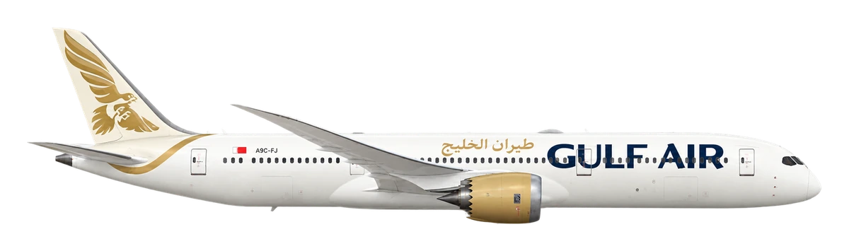 Boeing 787-9 Dreamliner in Gulf Air livery, side profile