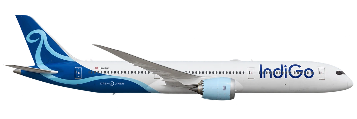 Boeing 787-9 Dreamliner in IndiGo livery, side profile