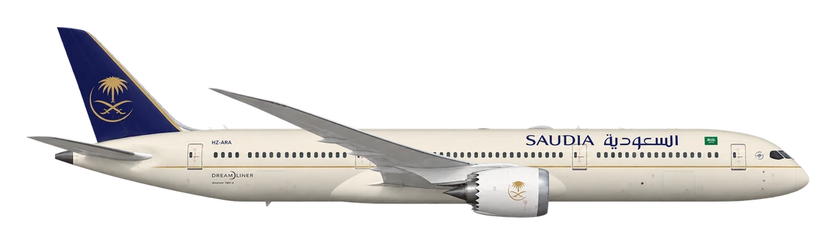Boeing 787-9 Dreamliner in Saudia livery, side profile