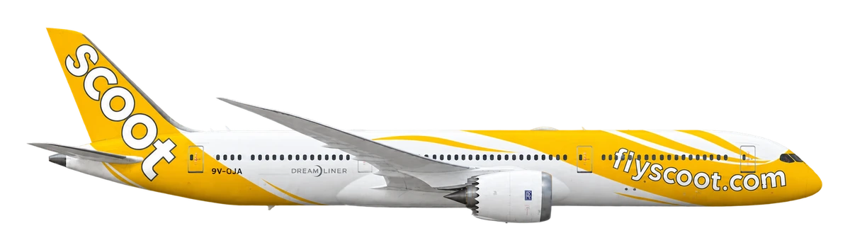 Boeing 787-9 Dreamliner in Scoot livery, side profile