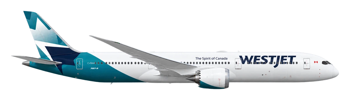 Boeing 787-9 Dreamliner in WestJet livery, side profile