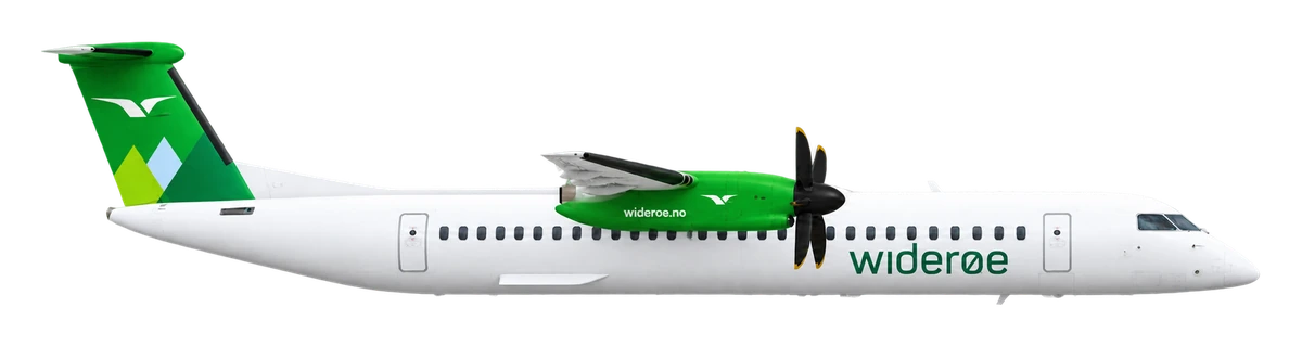 Bombardier Dash 8 Q400 in Wideroe livery, side profile